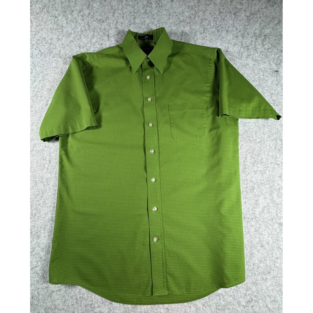 Stafford Dress Shirt Mens 16 Green Check Classic‎ Fit Stretch Short Sleeve